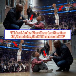 May be an image of 6 people, child, people playing basketball, crowd and text that says "Фbl BHbl EOф TOH arble "Michael Jordan Gives Shoes to a Homeless Kid, Years Later, the Kid Becomes an NBA" 2576 o Leb 3OB3blK"