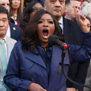Rep. Jasmine Crockett speaks during the We Choose To Fight: Nobody Elected Elon rally at the U.S. Department Of The Treasury on February 04, 2025 in...