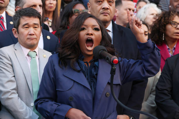 Rep. Jasmine Crockett speaks during the We Choose To Fight: Nobody Elected Elon rally at the U.S. Department Of The Treasury on February 04, 2025 in...